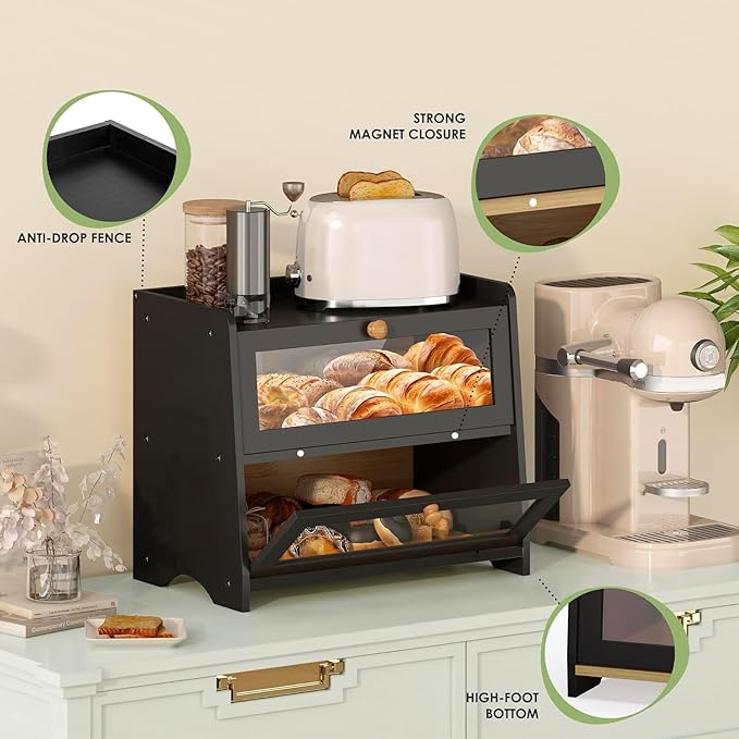 JANSNIMEN Double Layer Bread Box for Kitchen Countertop, Large Breadbox Bread Container Storage with Acrylic Door, Wooden Farmhouse Bread Holder (Black, Medim-15.7" L x 9.5" W x 13" H)