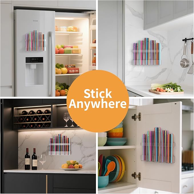 Straw Holder for Cabinet Door, Reusable Tumbler Straw Organizer Storage Container Mount for Kitchen Counter Cupboard Door (Transparent, 9.5inch)