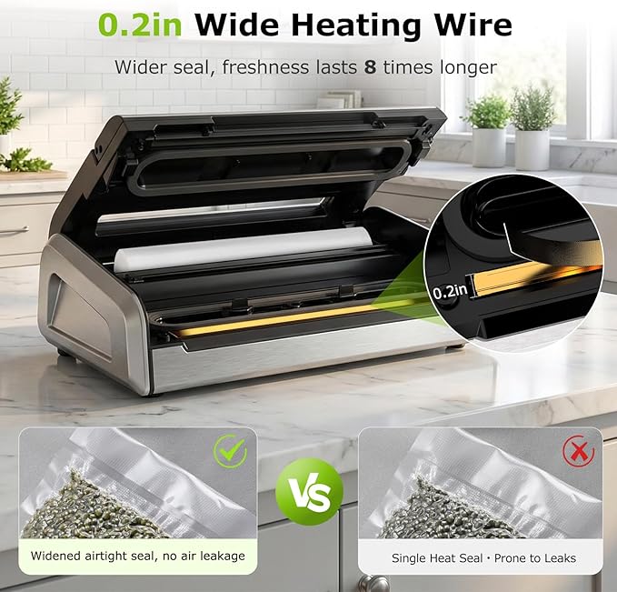 Bonsenkitchen Vacuum Sealer for Food, One-Hand Operation Food Vacuum Sealer Machine with Digital Timer, 0.2-inch Wider Seal, Built-in Cutter and Bag Storage for Meal Prep, 1 Roll Bag & 10 Pre-Cut Bags