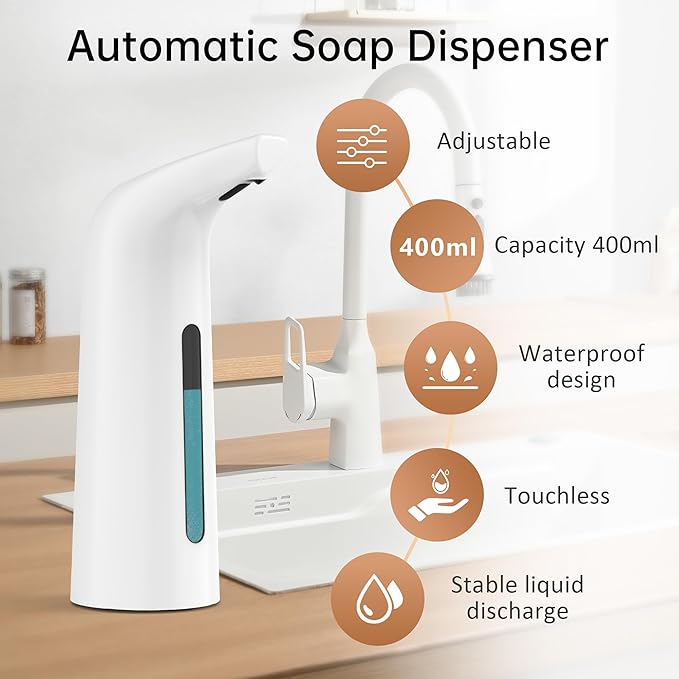 Automatic Soap Dispenser Touchless,400ML Hand & Dish Countertop Electric Liquid Rechargeable Dispenser with Sensor,Modern 4 Gear Adjustable Waterproof Kitchen Auto Soap Pump（White）
