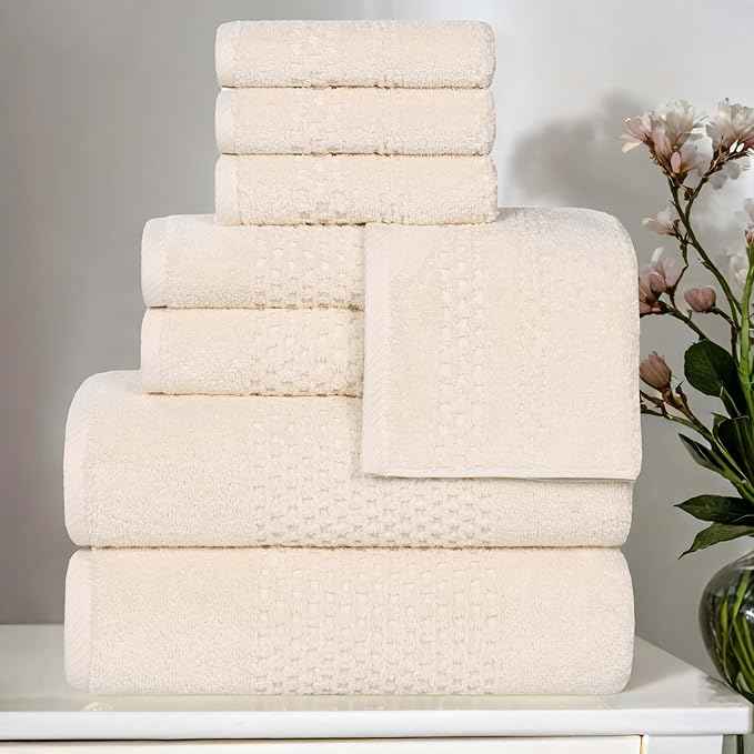 Superior Playa Zero Twist Cotton Medium Weight Towels, for Guest Bath, Bathroom, Shower, Spa, Plush, Quick Dry, Ultra-Soft Towels, Bath Essentials, Waffle Textured, 8 Piece Assorted Towel Set, Ivory