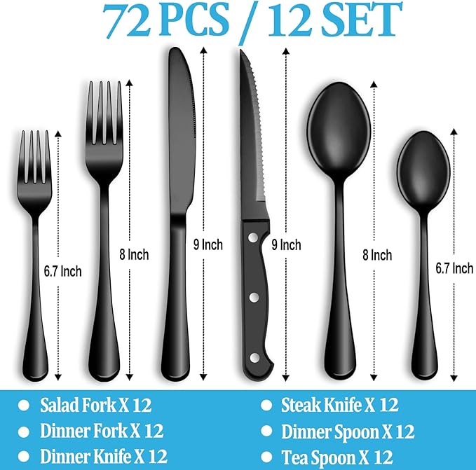 72 Pcs Black Silverware Set with Steak Knives, Stainless Steel Flatware Cutlery Set Service for 12, Kitchen Tableware Set, Utensil Set for Home and Restaurant, Knives Forks Spoon Set, Dishwasher Safe