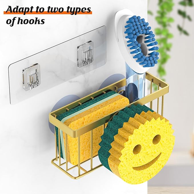 Sponge Holder Smiley Face, Sink Caddy for kitchen Sink, Kitchen Organizer Sponge Holder with 2 PCS Suction Cups/1 PCS Adhesive Strips, Designed for Sponge, Soap, Dish brush, Scrubber-Gold