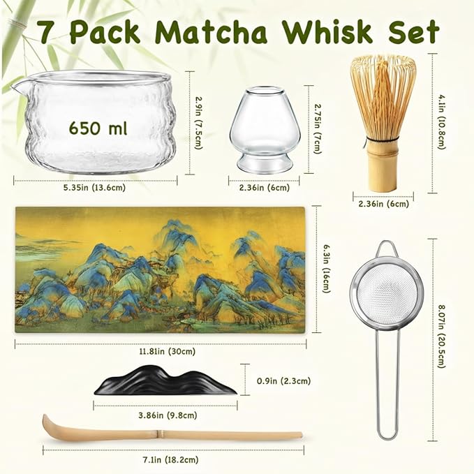 OUTXE Matcha Whisk Set, 7 PCS Matcha Kit for Ceremony, with Clear Matcha Bowl, Spout, Bamboo Whisk& Holder, Stainless Steel Sifter, Japanese Ceremonial Gift for Family/Friend/Macha Lover Starter