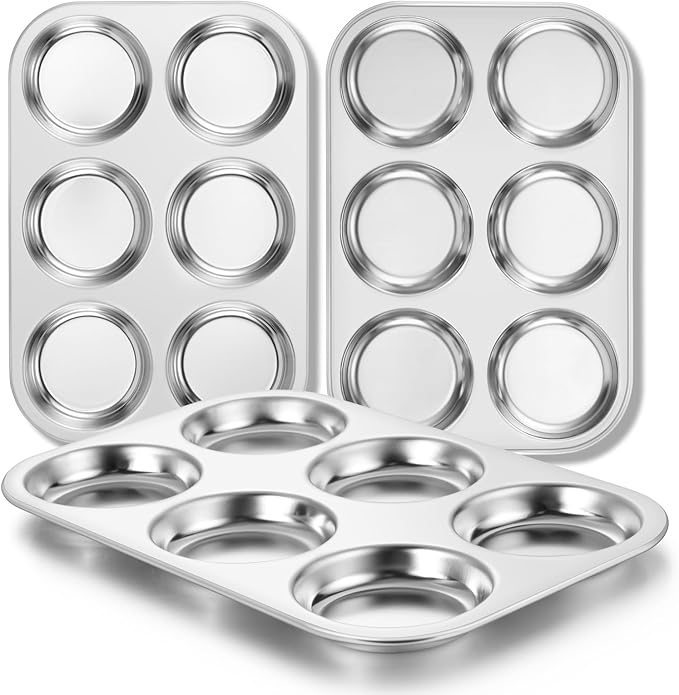 E-far Muffin Top Pan Set of 3, Stainless Steel 6-Cavity Shallow Cupcake Pan for Baking Whoopie Pie, Yorkshire Pudding, Eggs, Cornbread, Drop Cookies, Non-toxic & Standard Size, Oven & Dishwasher Safe