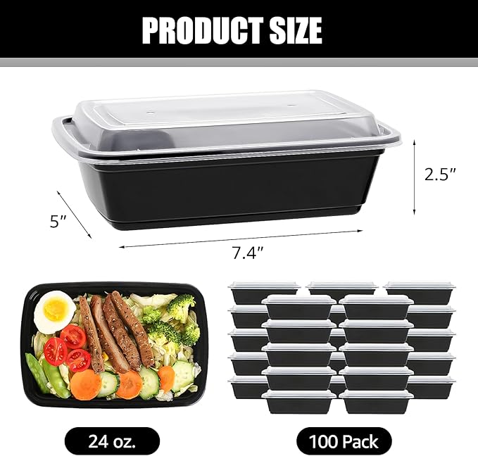 50 PACK, 24 oz. Meal Prep Containers, Extra Large & Thick Food Storage Containers with Lids - BPA Free Stackable Microwavable & Dishwasher Safe, Travel, To Go, Bento Box (100, Rectangle - 28 oz.)