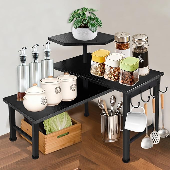 Counter Organizer Shelf, 3 Tier Moveable Black Corner Shelf Organizer with Hook, Counter Shelf for Kitchen Bathroom Spice Rack Coffee Area Over Sink Dresser Table (Black)