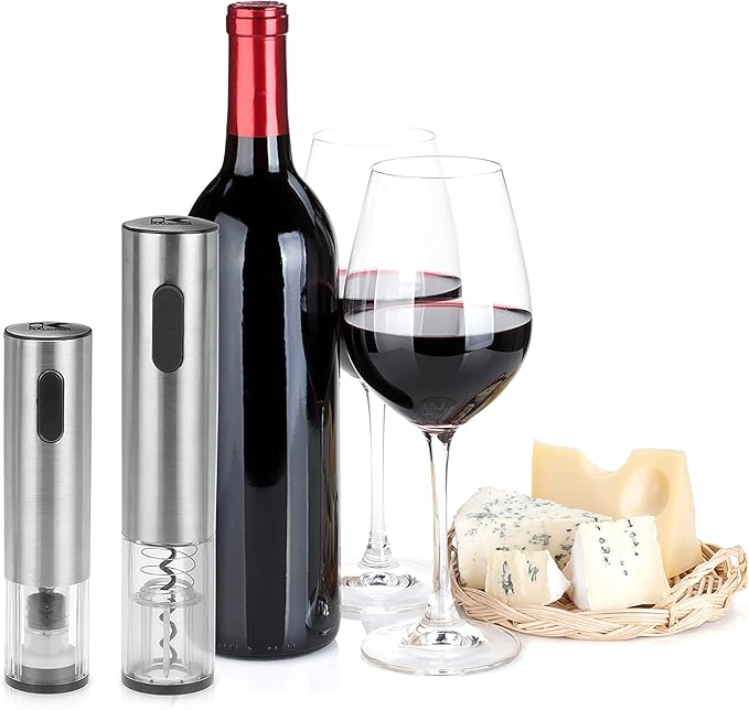 Kalorik Electric Wine Opener Wine Lovers Set Includes Bottle Opener Wine Pourer Preserver and 2 Stoppers Foil Cutter and Charging Base, Stainless Steel
