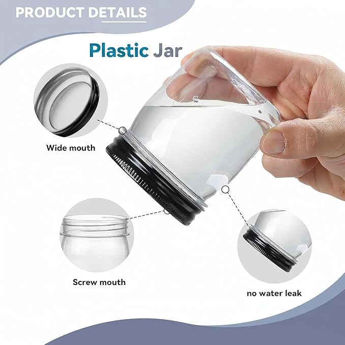 novelinks 8 oz Clear Plastic Jars with Airtight Lids, 8 Pack Plastic Mason Jars with Lids 8oz, Refillable Storage Slime Containers & Small Spice Jar for Kitchen Organization (8 Pack,Black)