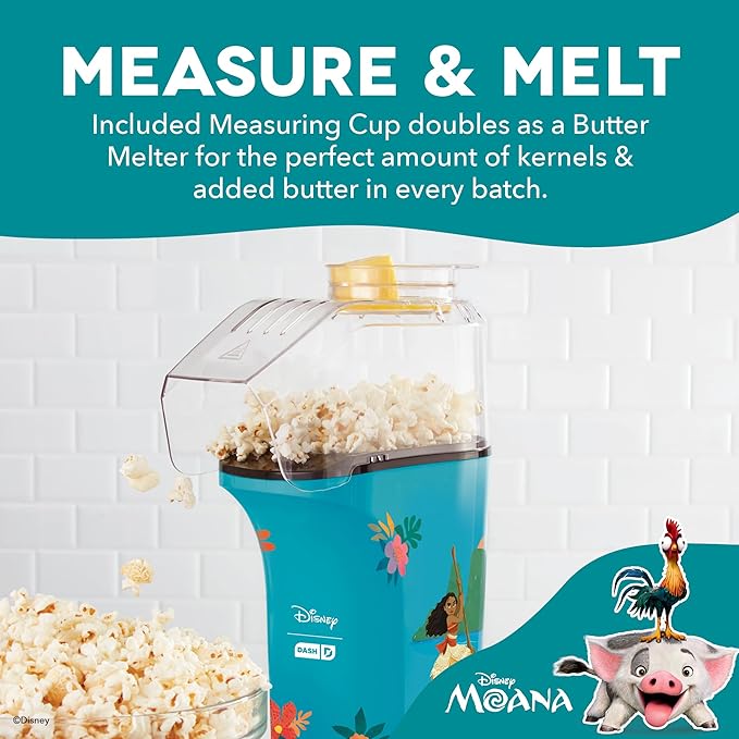 Disney Dash Fresh Pop Popcorn Maker - Oil-Free, Air Popcorn Popper - With Measuring Cup & Recipe Guide - Perfect for Movie Nights - 16 Cups, Moana