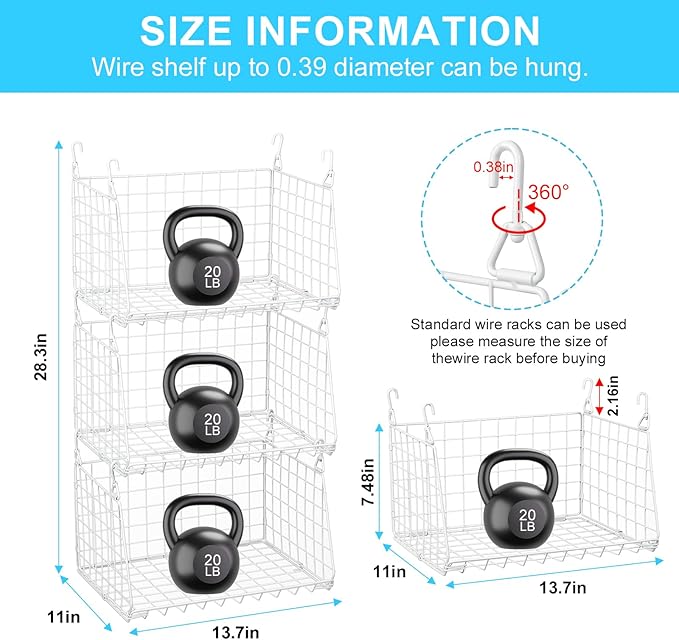 Jsskeeim 3-Pack Under Shelf Hanging Baskets with 360° Rotating Hooks - Space Saving Pantry Shelf Organizer for Kitchen Storage, Foldable Small Space Solutions for Pantry Organization, White