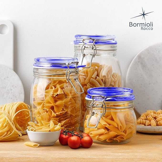 Bormioli Rocco Fido Glass Storage Jar, Blue Lid Airtight Pantry Canister - 50.75 oz Clamp Lock Container for Pasta, Rice, Coffee & Dry Goods - Italian Glass, Dishwasher & Microwave Safe
