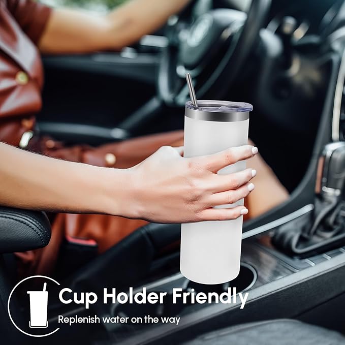 Volhoply 4 Pack Skinny Tumblers with Lid and Straw, 20oz Stainless Steel Straight Tumbler Bulk, Vacuum Insulated Coffee Mug for Home, Office, Travel, DIY (White,4 Pack)