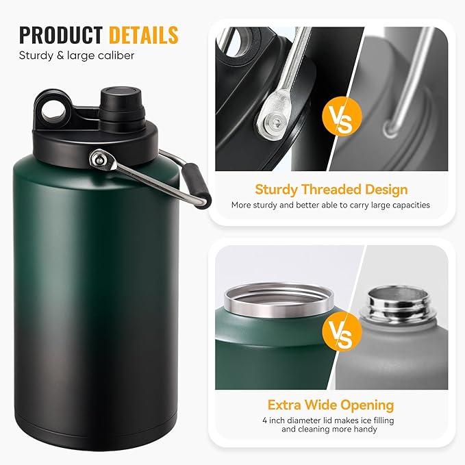 Kerilyn Insulated Gallon Jug with Handle, One Gallon, 128oz Stainless Steel, Large Double Vacuum Water Bottle for Hot & Cold Drinks, Wide Mouth, Sweat Proof, Great for Travel, Camping, Green Gradient