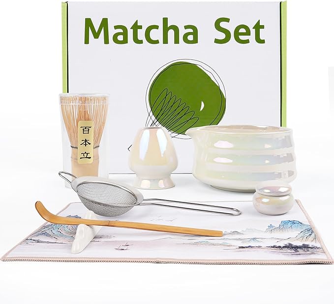 8Pcs Matcha Whisk Set, Iridescence Matcha Making Tools Accessories Kit with Bamboo Matcha Whisk,Bowl,Spoon,Sifter and Holder, Gifts for Matcha Lovers on Christmas, Birthday, Teacher's Day
