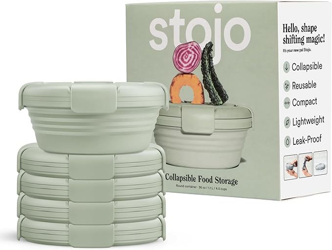 STOJO Collapsible Bowl 5 Set - Sage, 36oz - Reusable Silicone Bowl for Hot and Cold Food - Perfect for Travel, Meal Prep, To-Go Lunch, Camping & Hiking - Microwave & Dishwasher Safe