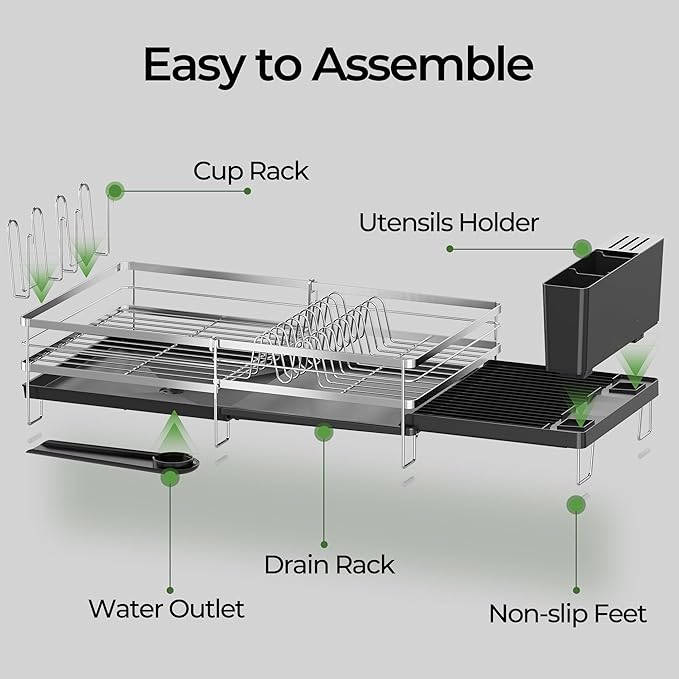 Large Dish Drying Rack, Expandable Dish Rack, Stainless Steel Anti-Rust Dish Racks for Kitchen Counter, Multifunctional Dish Drainer with Utensil Holder & Cup Holder, 13.4"-28.7" L x 11.8" W