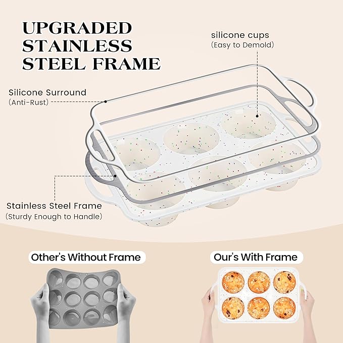 silicone muffin pan for baking with metal frame (Cream, Jumbo：6-Cup x 2 Pcs)