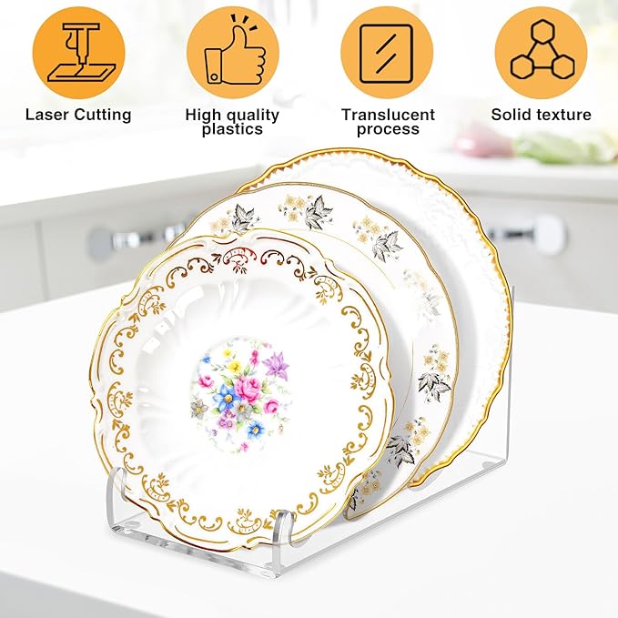 4 Pcs Acrylic 3-Tier Plate Display Stand,Clear Dinnerware Holder for China Platters Kitchen & Cabinet Organizer Rack for Tableware Display (3-Tier)