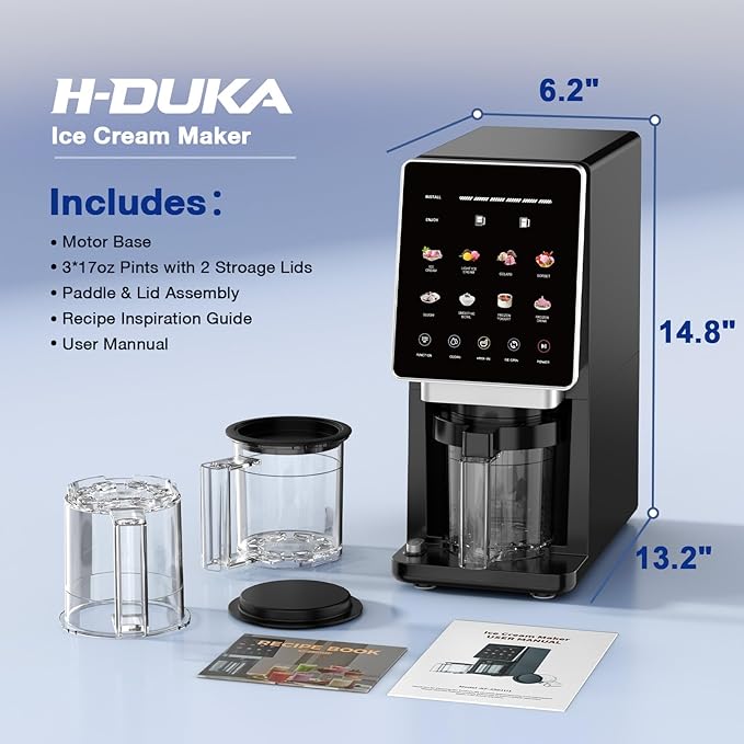 H-Duka 10-in-1 Ice Cream Maker Machine, 800W Frozen Treat Maker for Silky Gelato, Sorbet&Slushies, One-Touch Mix-In & Re-Spin for Creamy Texture, Keto & Vegan, Includes 3 Pints & Recipe Guide, Black