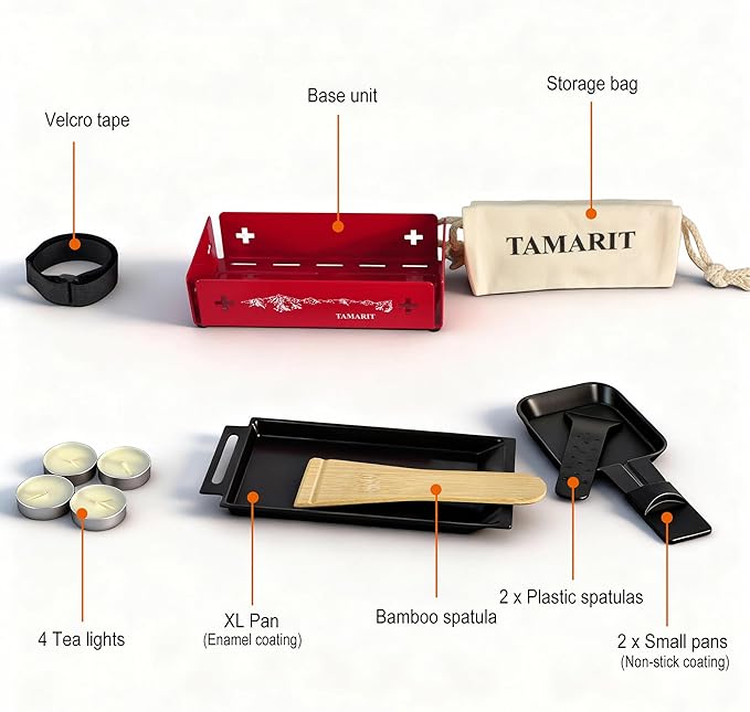 TAMARIT 2-Person Raclette Grill - Portable Candlelight Raclette Cheese Melter with Enamel Baking Tray & Non-Stick Pans - Compact Raclette Machine for Romantic Dinner, Picnic, BBQ, Camping, Red