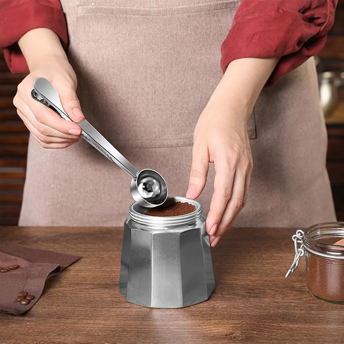 Quacc Stainless Steel Coffee Scoop with Bag Sealing Clip, 2-in-1 Coffee Measuring Scoop for Coffee Beans, Milk Powder, Loose Tea, Spices (Silver)