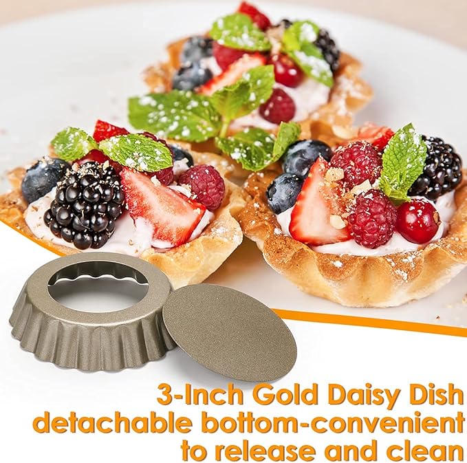 12 pcs Egg Tart Molds, 3" Mini Tart Pans Removable Bottom,Cupcake Cake Muffin Mold Tin Pan Baking, Mini Non-Stick Pan Reusable Quiche Bakeware Carbon Steel for Pies Cheese Desserts, Gold