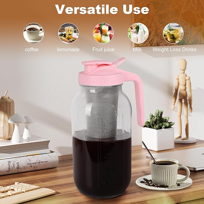 Cold Brew Coffee Maker，64 oz Wide Mouth Mason Jar Pitcher with Stainless Steel Filter, Pour Spout Handle Lid, Heavy Duty Glass Airtight & Leak-Proof for Iced Coffee & Tea Lemonade-Pink