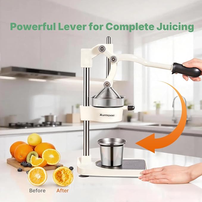Cast Iron Juicer, 17"Tall & Sturdy Flat Base | Heavy-Duty Manual Hand Press Juicer For Orange Lemon Lime Pomegranate & Citrus, Orange Squeezer, Stainless Steel Cup, Easy to Clean, White