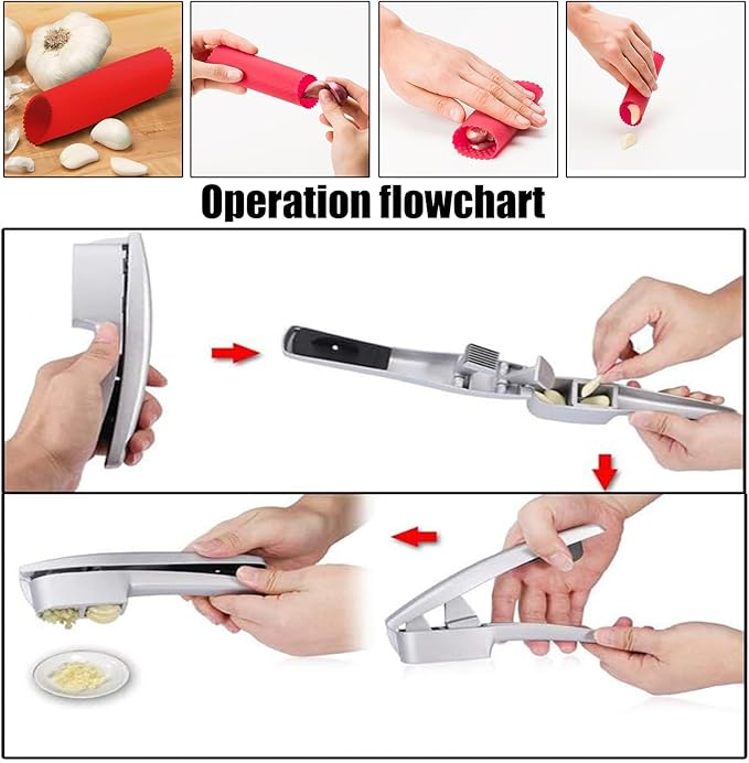QPQ 2-in-1 Professional Garlic Press and Peeler Set, Aluminum Kitchen Tool with Built-in Cleaner, Manual Crusher and Mincer for Unpeeled Garlic Cloves,Fast And Portable Garlic Peeler
