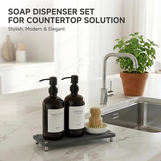 2 Pack Kitchen Soap Dispenser Set - 16oz Black Glass Dish and Hand Soap Dispenser with Stainless Steel Pump, Instant Dry Tray, Dish Brush & Holder, Refillable Countertop Sink Decor for Kitchen & Bath