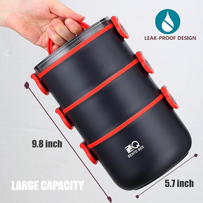 Bento Lunch Box for Adults with Bag & Utensils, 81oz Large Capacity Leakproof 3 Tier Stackable Lunch Box Containers for Adults Work, Men Women Dining Out, Insulated Bento Box Microwave Safe, Black