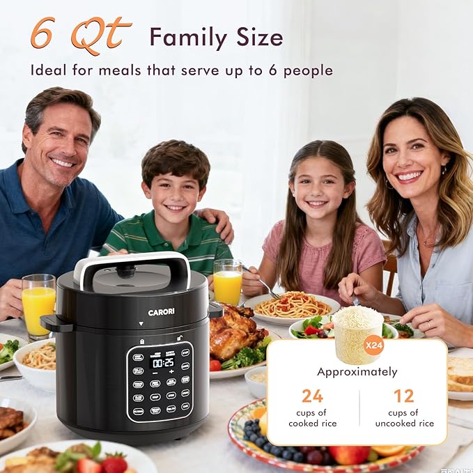 CARORI 9-in-1 Electric Pressure Cooker 6 Quart Black, Stainless Steel Pot, 12 Preset Functions with Touchscreen, Safe Steam Release, Stew, Slow Cook, Rice, Sauté, Warmer