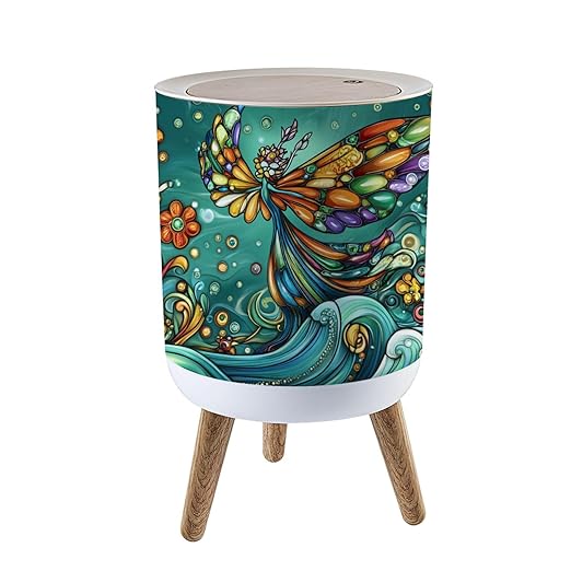 Trash Can with Lid Flower Fairy Stained Glass Art Ocean Serenity Press Top Round Small Garbage Bin with Wooden Legs Waste Basket for Kitchen Bedroom Nursery 7L/1.8 Gallon