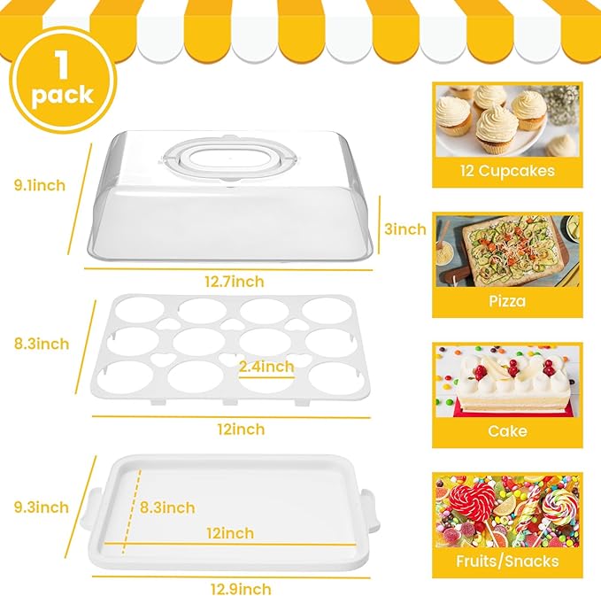 VGOODALL Cake Carrier with Lid and Handle, 12 Capacity Cupcake Carrier, 2-in-1 Rectangular Cupcake Holder for Pies Muffin Pizza Nuts Fruit, Dessert Storage Containers for Parties, Picnics, Baking