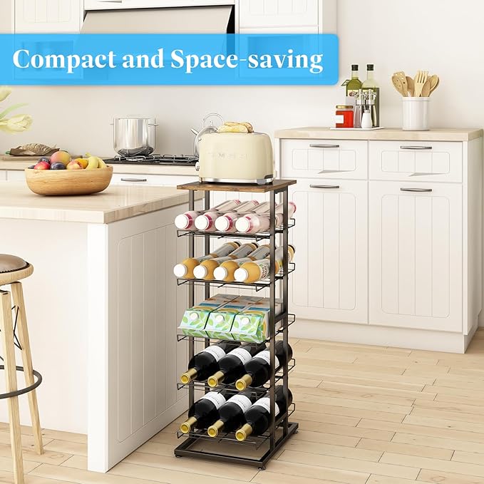 GILLAS 6 Tier with Wooden Top Water Bottle Storage with Wooden Tabletop,Metal Beverage Can Rack,Large Capacity Bottled Rack Water Bottle Holder Stand for Cabinet,Countertop Kitchen,Party,Black