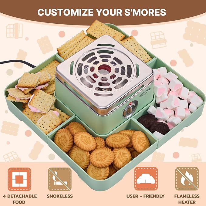 Electric Smores Maker - Indoor Smores Kit with 4 Detachable Trays, 4 Stainless Steel Forks - Flameless Smores Maker Tabletop Indoor Kit (Green)