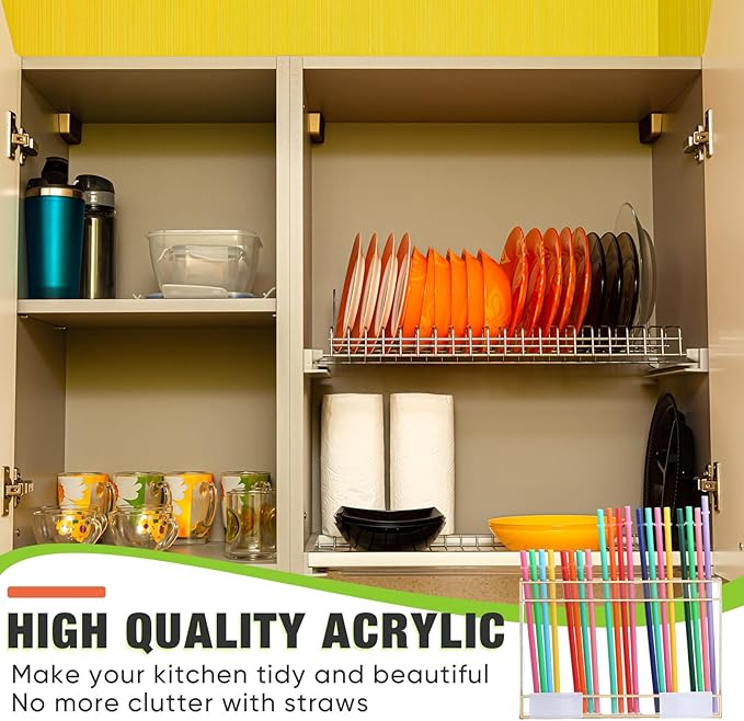 Qinyoung Acrylic Straw Holder for Cabinet Door with Double Sided Adhesive Tape Reusable Straw Organizer Tumbler Storage Kitchen Accessories Container for Counter Cupboard(Gold Trim,Large,Clear)