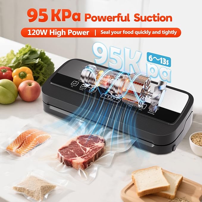 Vacuum Sealer Machine, 95Kpa vacuum sealer for food with Bags Storage and Built-in Cutter,food vacuum sealer machine,Dry/Moist/Gentle Mode, Removable Drip tray, Complete Starter Kits, Stainless Steel
