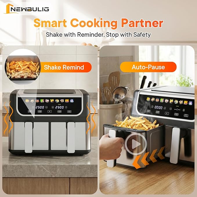 NEWBULIG Dual Air Fryer with 2 Baskets 9.5 QT, 10 in 1 Large Air Fryers with Ceramic Crisper Plate, Match Cook, Sync Finish, Shake Reminder, 80-450°F Wide Temp, Roast, Defrost, Dehydrate, Bake, Black