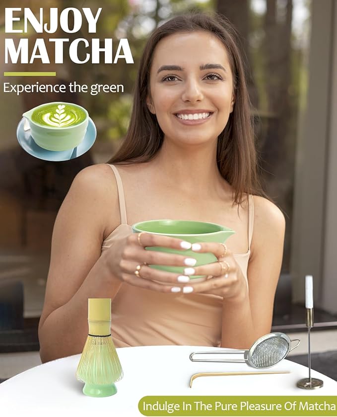 Vaiheng Matcha Whisk Set with Matcha Bowl, Matcha Whisk Holder Matcha Bamboo Whisk, Scoop, Sifter, Unique Gifts for Women Men Girl Friend Home Kitchen Decor（Light Green）