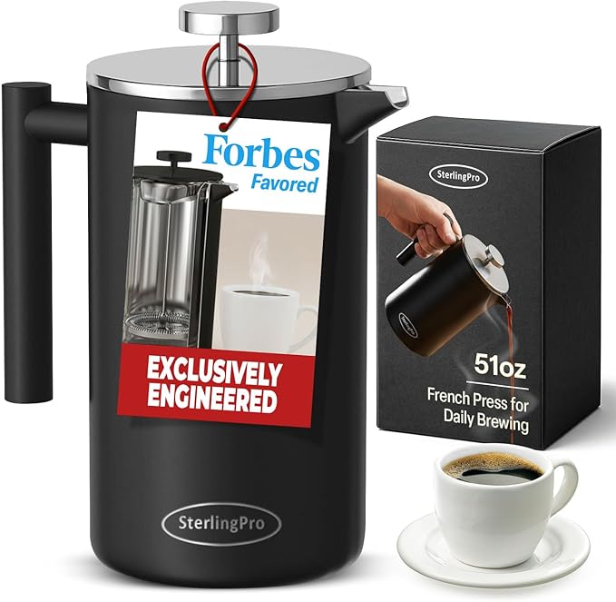 SterlingPro Stainless Steel French Press Coffee Maker 1.5 L (51 oz) Black – Double Walled Insulated Large Coffee Press, Durable Design Keeps Drinks Hot, Easy to Use and Clean for Rich Flavor Brewing