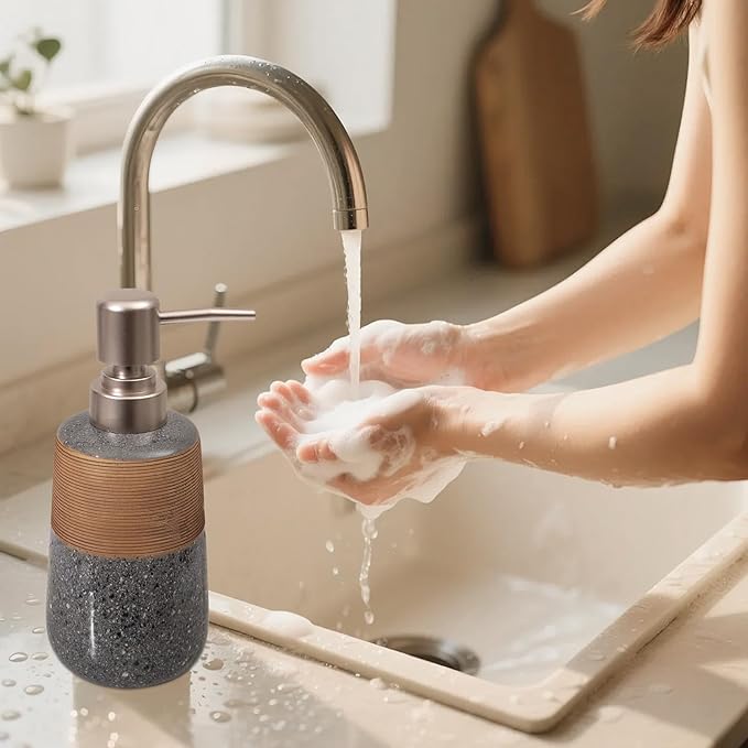 Hand Soap Dispenser, Ceramic Liquid Soap Dispenser for Bathroom Countertop Dish Hand Soap Dispenser for Kitchen Sink, Bathroom Lotion Bottle Dispensers Boho Kitchen Home Decor,15 OZ Grey