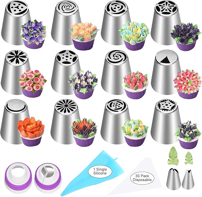 47 Pcs Russian Piping Tips Set, 12 Flower Frosting Nozzles Icing Tips for Cake Decorating Tips Kit, Baking Supplies for Cookie Cupcake, 2 Leaf Piping Tips 2 Couplers 30 Pastry Baking Bags YLYL