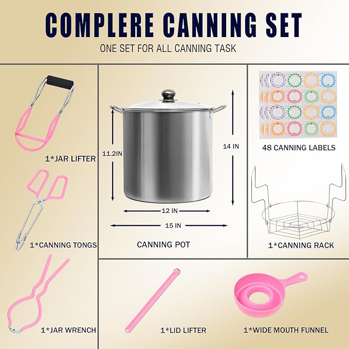 Canning Pot Water Bath Canner with Rack and Lid, 21.5 Quart Stainless Steel Stock Pots, Canning Supplies Starter Kit, Jar Lifter Tongs, Funnels and Full Canning Accessories Tools Set, Pink