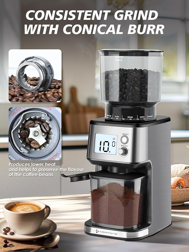 Homtone Commercial Conical Burr Grinder, 51-Setting Electric Espresso Grinder for 51-58mm Portafilters with Timer, Anti-Static, Low Noise for Cafe Home