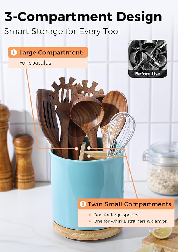 LoeJan 3 Compartment Utensil Holder, Extra Large Utensil Crock, Stable Ceramic Utensil Organizer, Cooking Tool Organizer Set for Kitchen Counter Farmhouse Decor, Turquoise