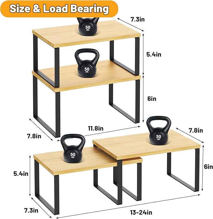 Kitchen Cabinet Organizer Shelf Set of 4, Sturdy Kitchen Counter Shelves with Metal Legs, Stackable Expandable Wood Spice Rack Pantry Cupboard Dish Mug Cup Storage Organizer Shelf,Black+Bamboo