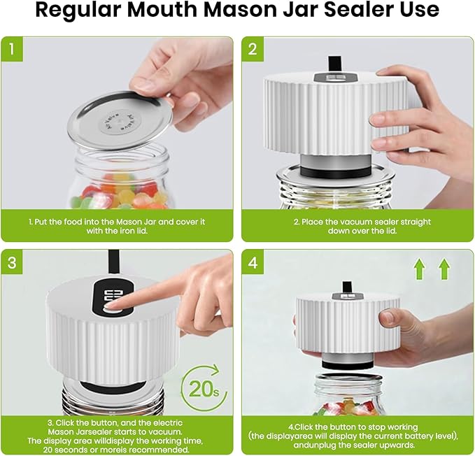 Electric Mason Jar Vacuum Sealer Kit, One-Touch Electric Sealing， for Wide-Mouth Regular-Mouth Mason Jars, Portable Vacuum Sealer for Jars, Gifts for Mom, Grandma(2026 Upgraded)