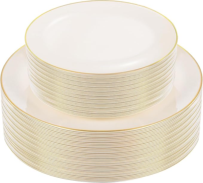 PULOTE 60 PCS Ivory Plastic Plates - Cream Plastic Disposable Include 30 Dinner and 30 Dessert Plates with Gold Rim - Ideal for Party & Wedding